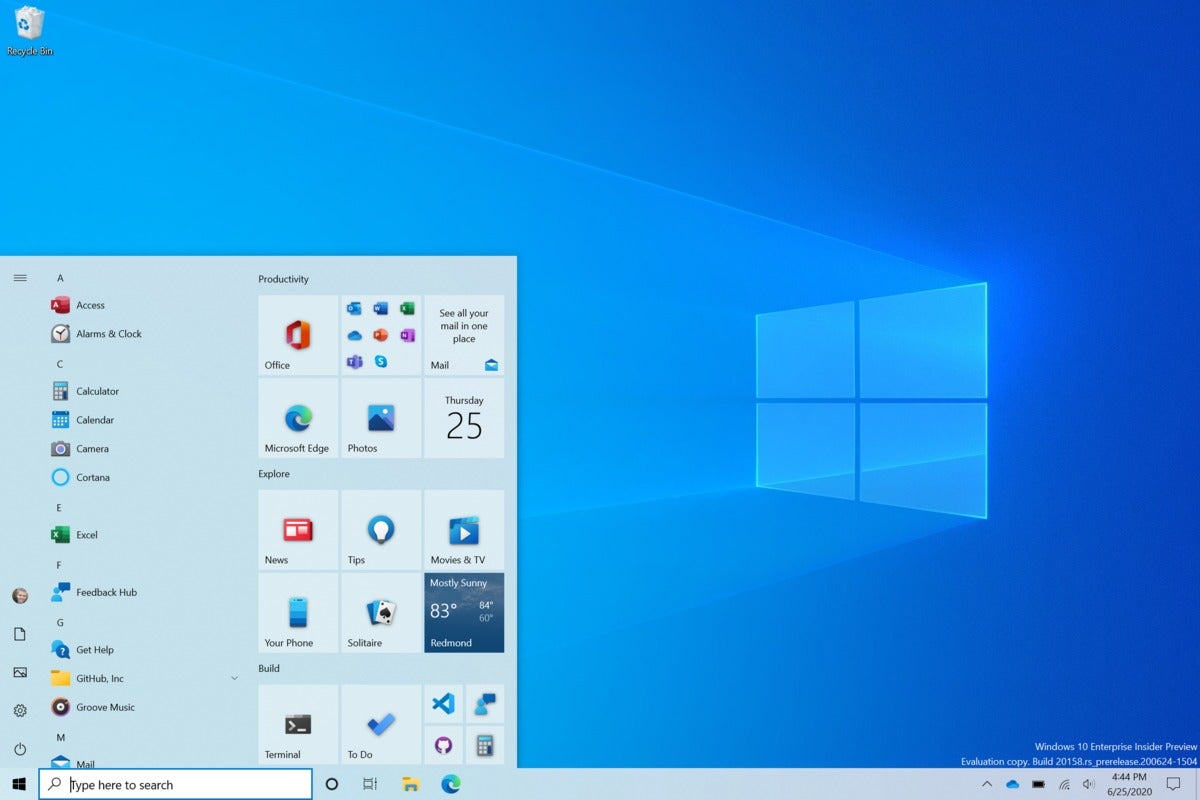 Microsoft windows start menu insider build light
