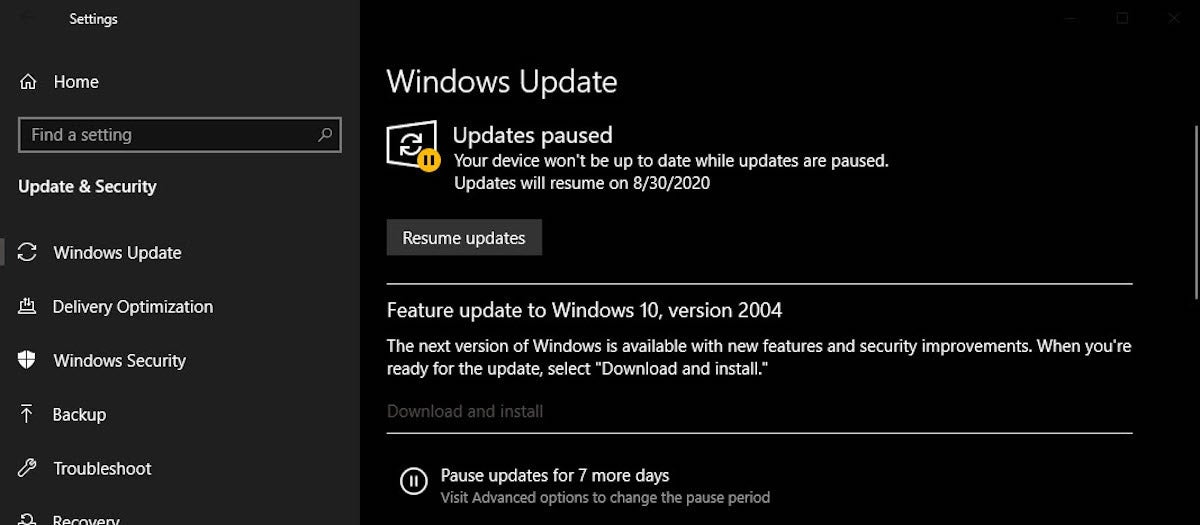 Windows 10 1909 updates paused 2020 09