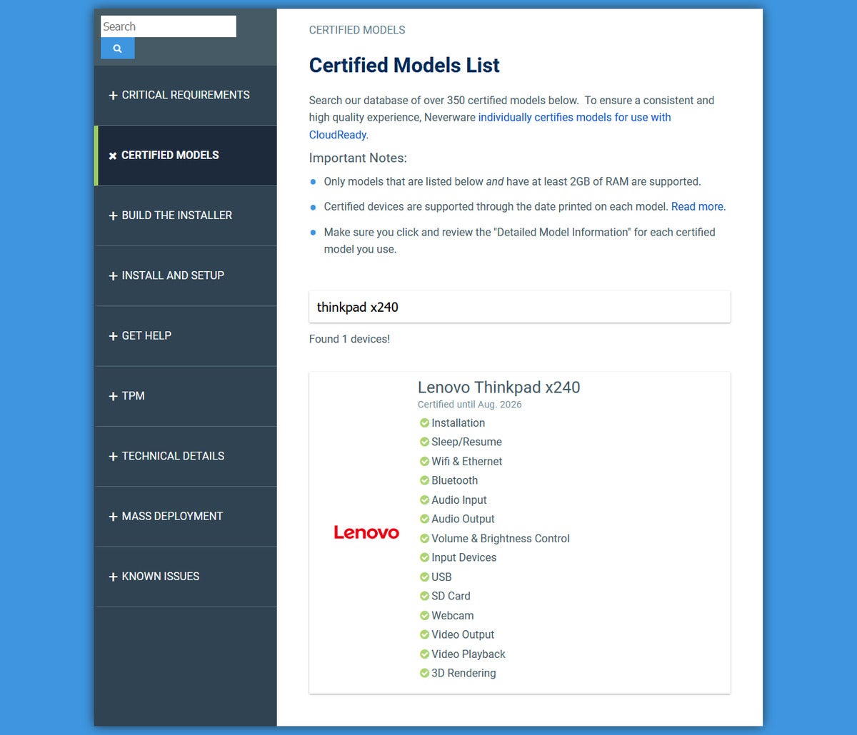 Neverware CloudReady Lenovo ThinkPad X240 feature support