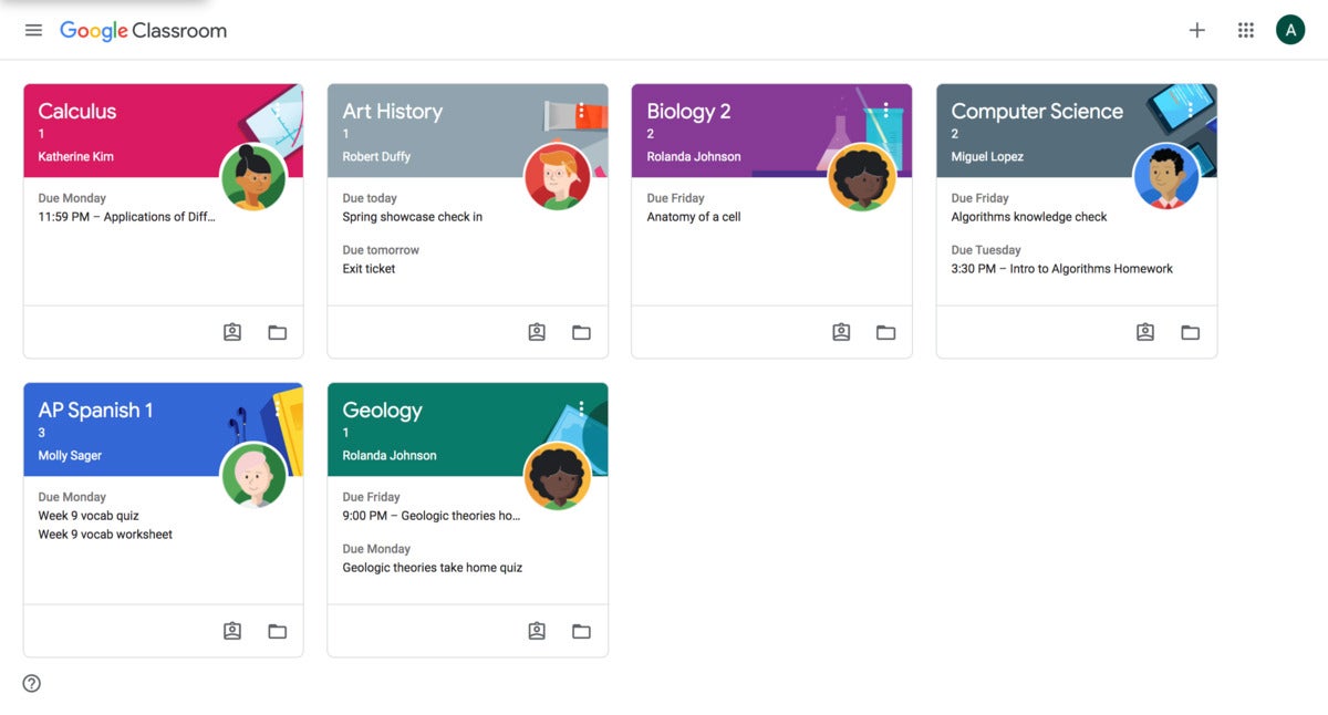 Google Classroom student view homepage