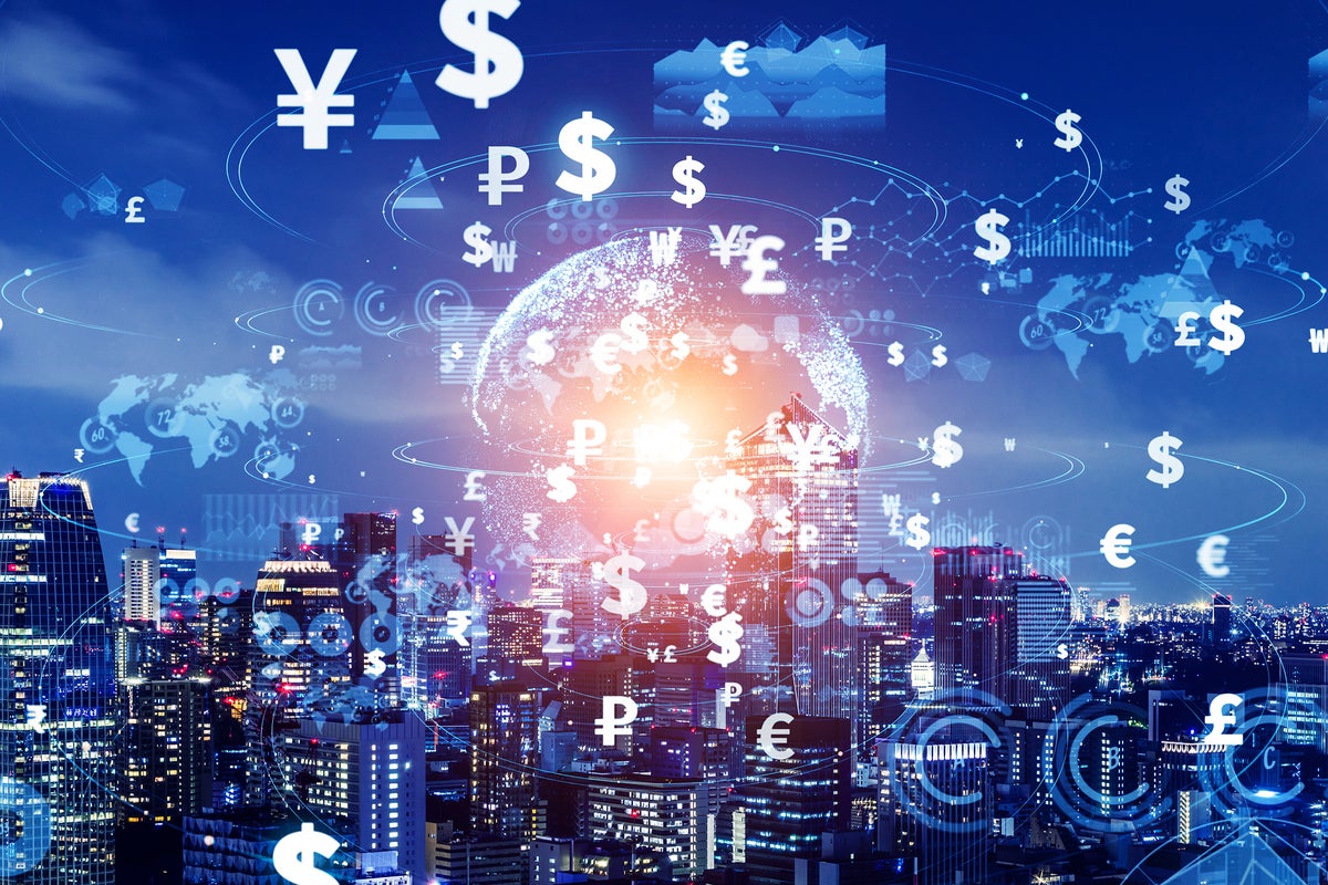Currency symbols in an abstract global network overlay a cityscape.