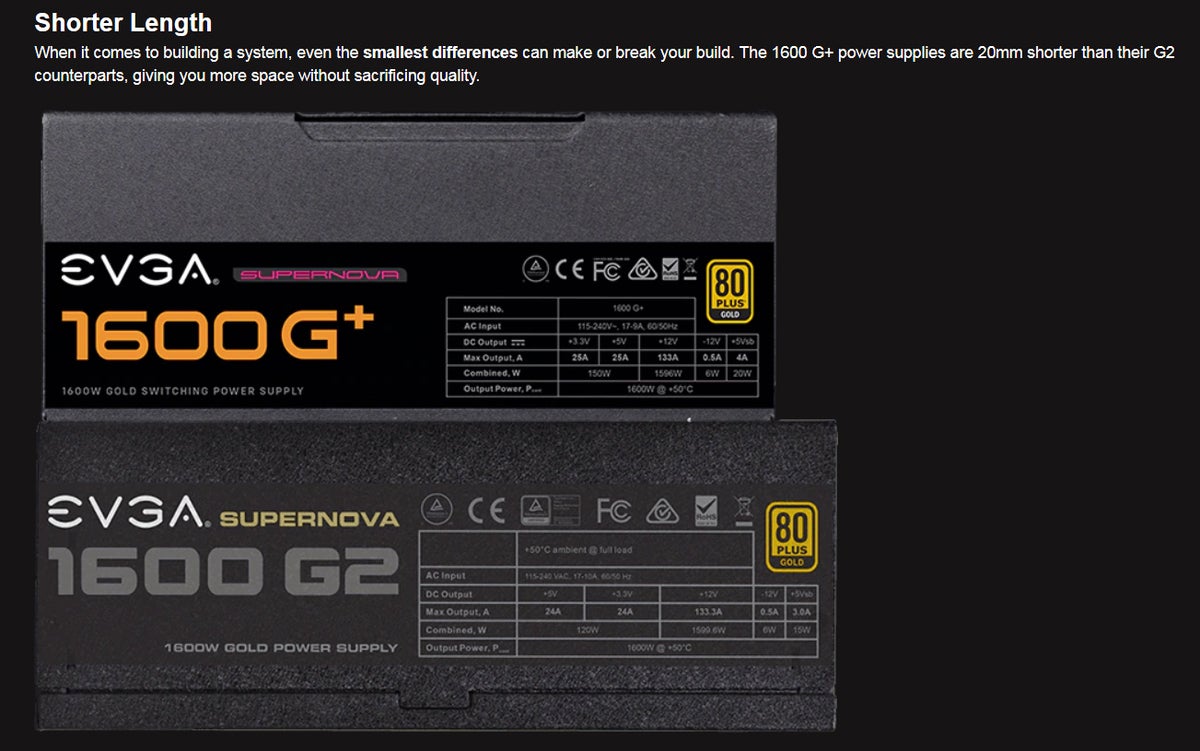 EVGA website screenshot of power supplies
