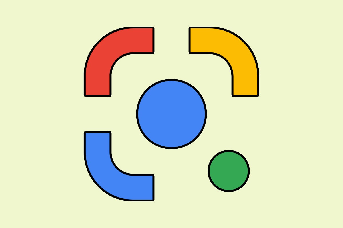  A screenshot of the Google Lens app icon, which is a blue circle with a green dot in the center and four colored (red, yellow, blue, and orange) incomplete circles around it, on an off-white background.