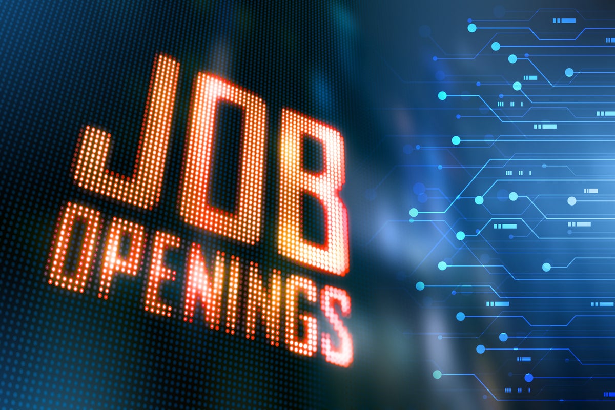'Job Openings' LED display signage with abstracted circuits. [ hiring / job opportunities ]