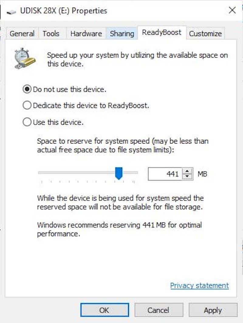 windows 10 readyboost settings