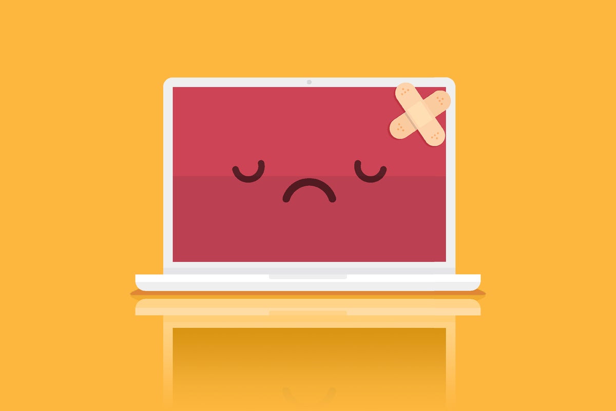 Illustration: Bandages adhere to a sad-faced laptop in need of a patch, fix, or update.