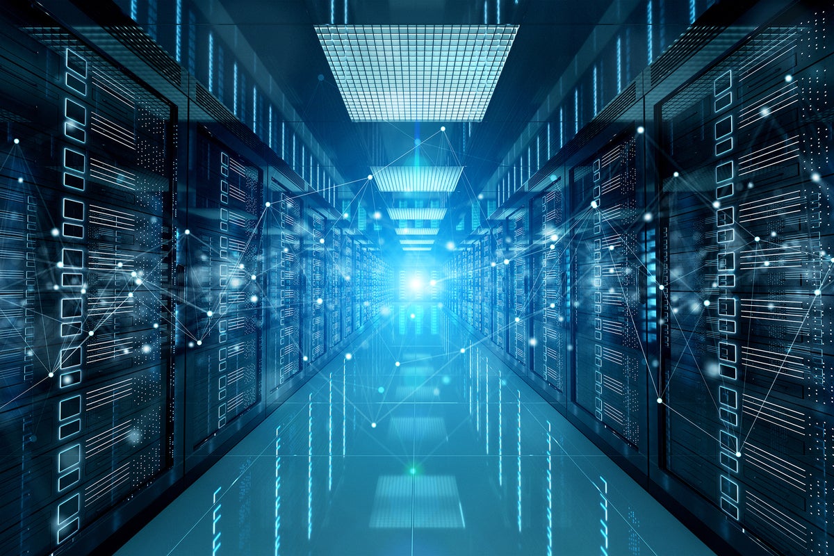 Data center corridor of servers with abstract overlay of digital connections.