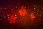 Digital bugs amid binary code. [security threats / malware / breach / hack / attack]