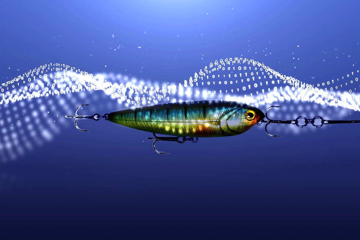 A fishing lure with multiple hooks baits a binary stream. [fraud / phishing / social engineering]