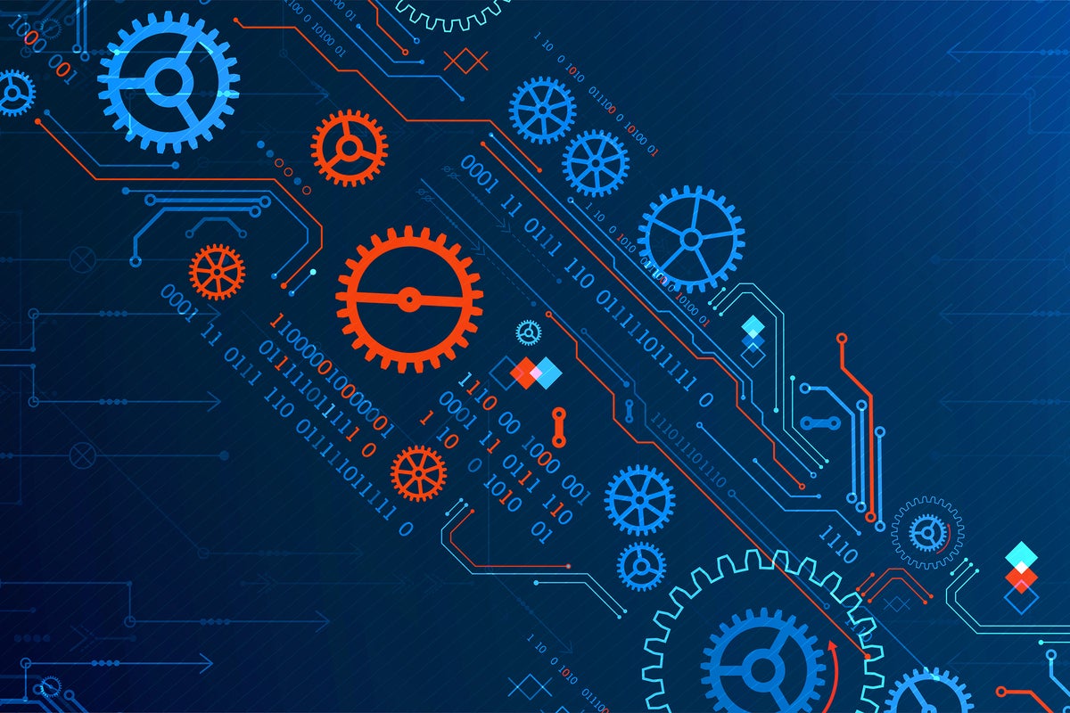 Interlocking gears and binary code.