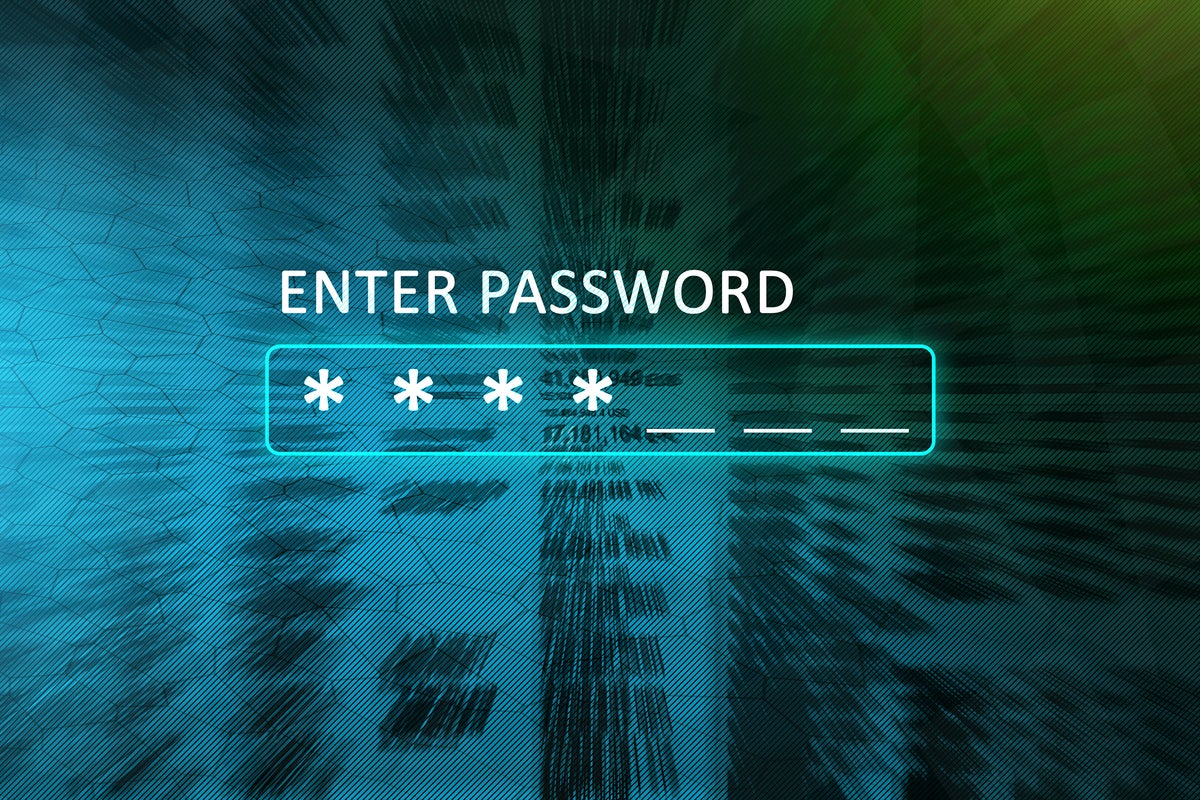 A password login screen overlaid against an abstract background of data and network connections.
