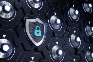 A security system involves a wall of combination locks on interconnected puzzle pieces and a shield.