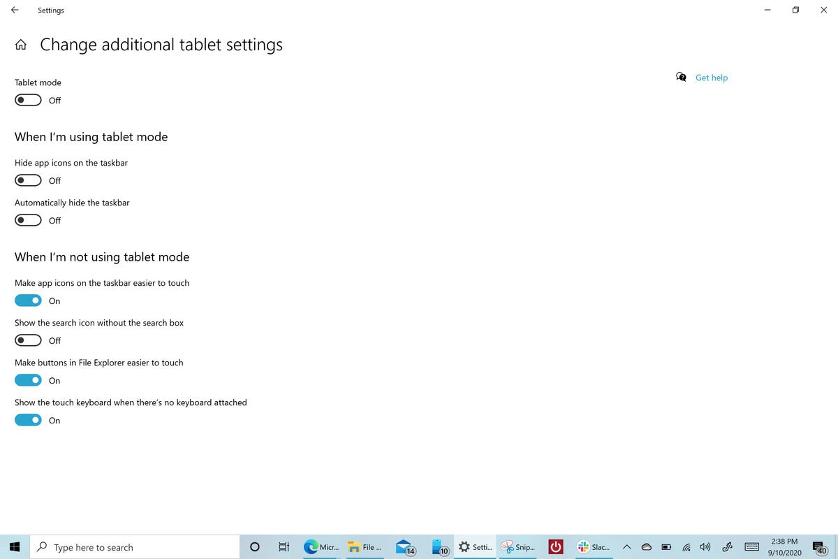 Microsoft Windows 10 20H2 tablet mode off