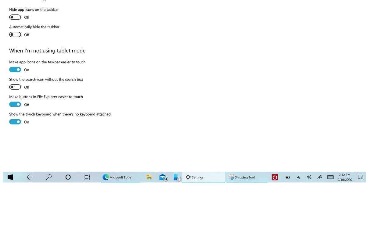 Microsoft Windows 10 20H2 tablet mode on