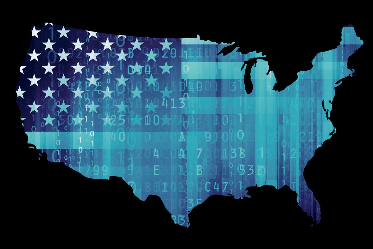 United States map consisting of encrypted data and binary code.