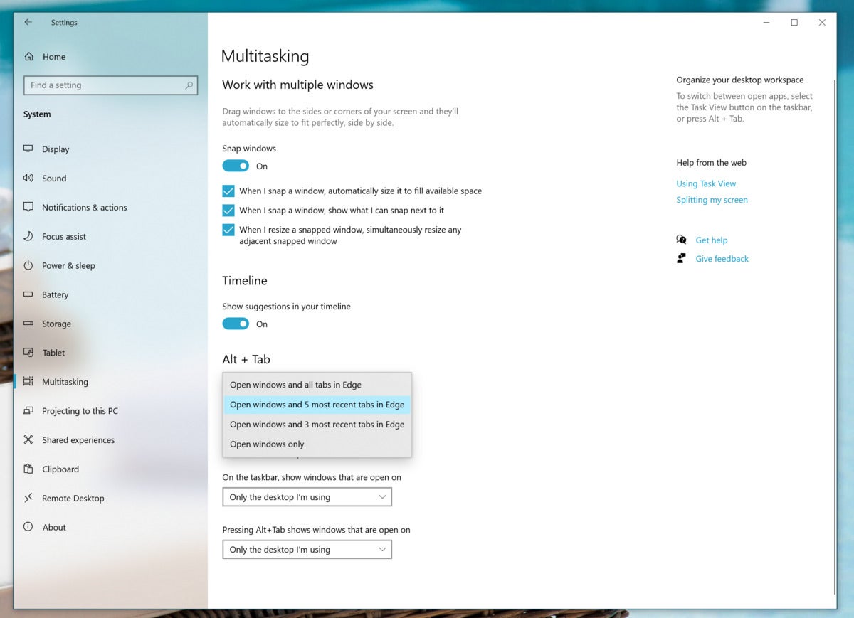 Microsoft windows 10 20h2 alt tab settings