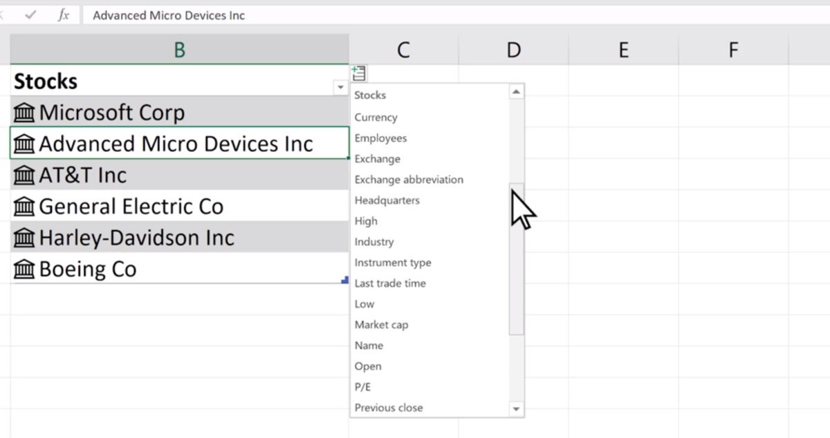 microsoft excel stock data type