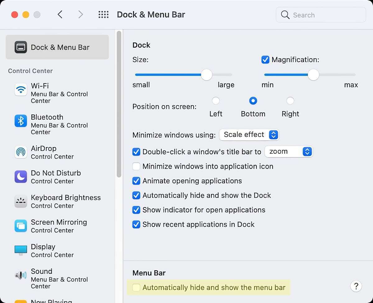 how to hide the menu bar on mac