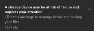 Microsoft Windows 10 SSD failure notification