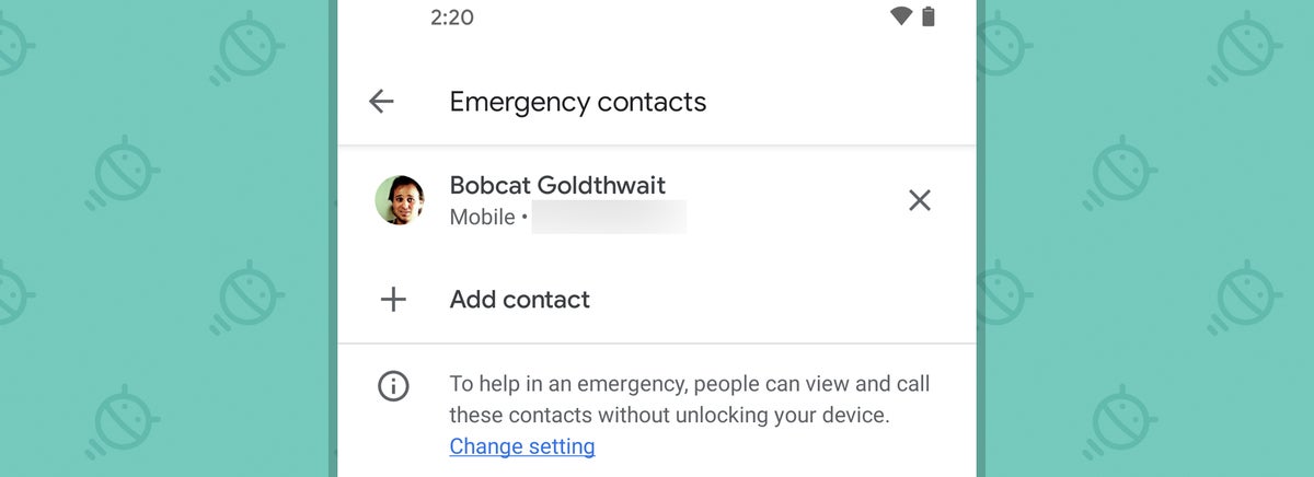 Android Security Settings: Emergency contact