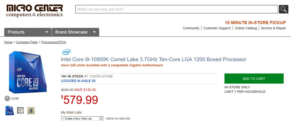 Microcenter listing for the Core i9-10900K showing an offer for a $20 motherboard combo deal