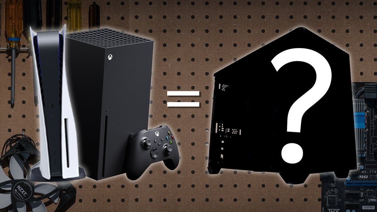 PlayStation 5 and Xbox Series X next to a blacked out PC with a question mark over it