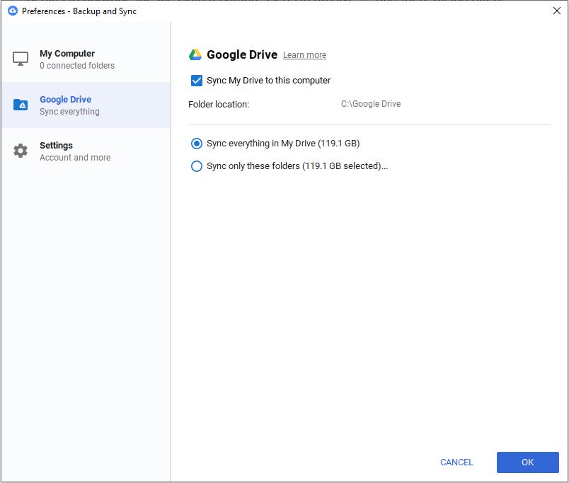 google drive sync download change destination folder
