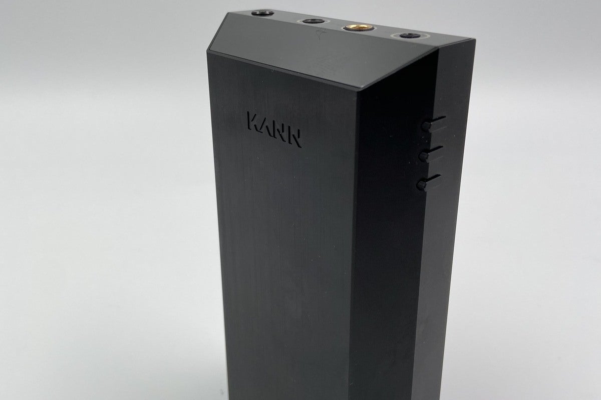 Rear view of the Kann Alpha’s multi-angled, multi-textured aluminum body and physical button control