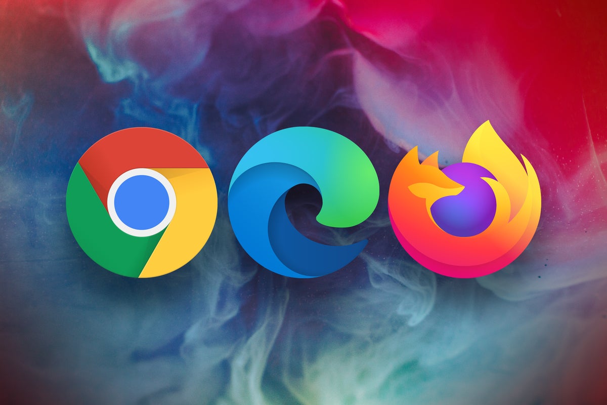 Three browser logos: Google Chrome, Microsoft Edge, and Firefox with an abstract smoke background.