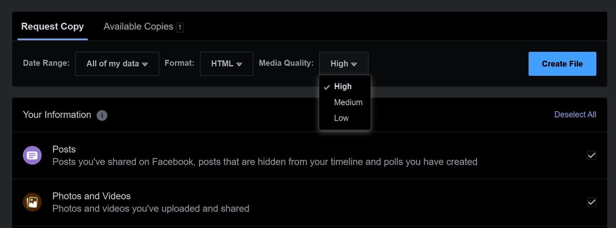 facebook download data options