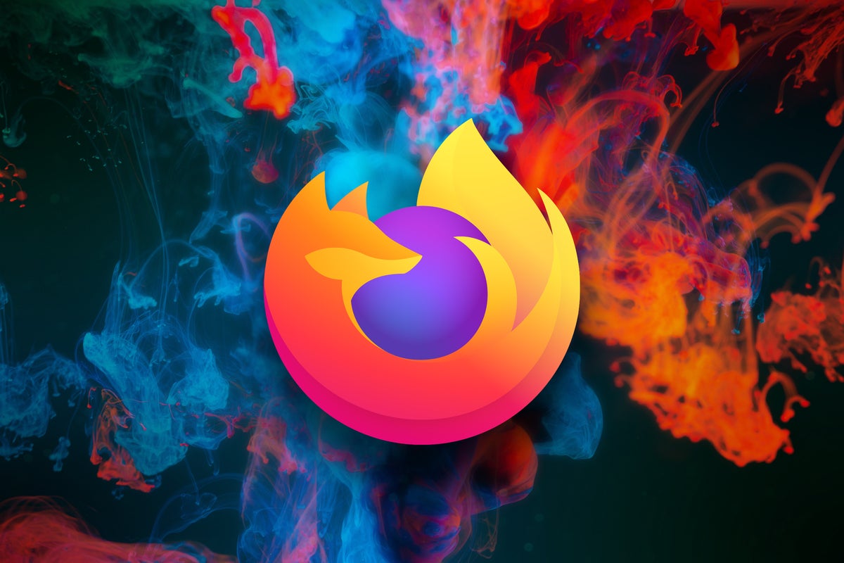 Logotipo del navegador Mozilla Firefox sobre un fondo de humo azul y naranja abstracto.