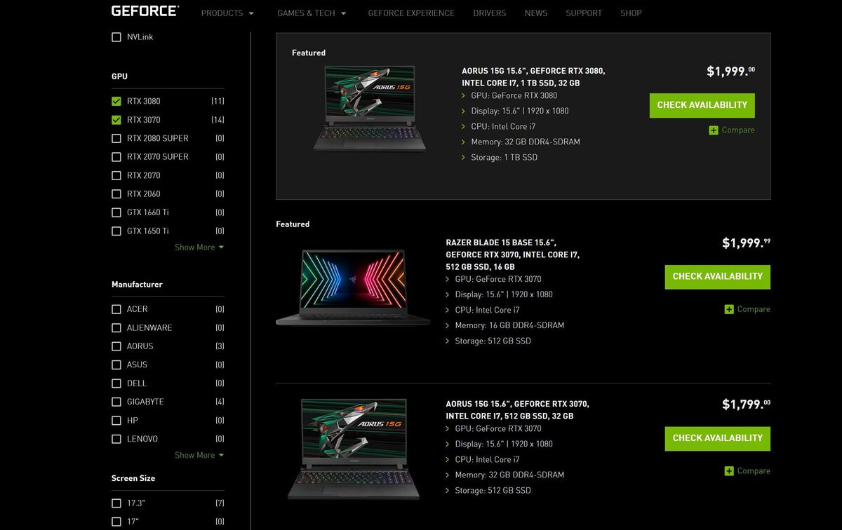 nvidia geforce laptops rtx 30