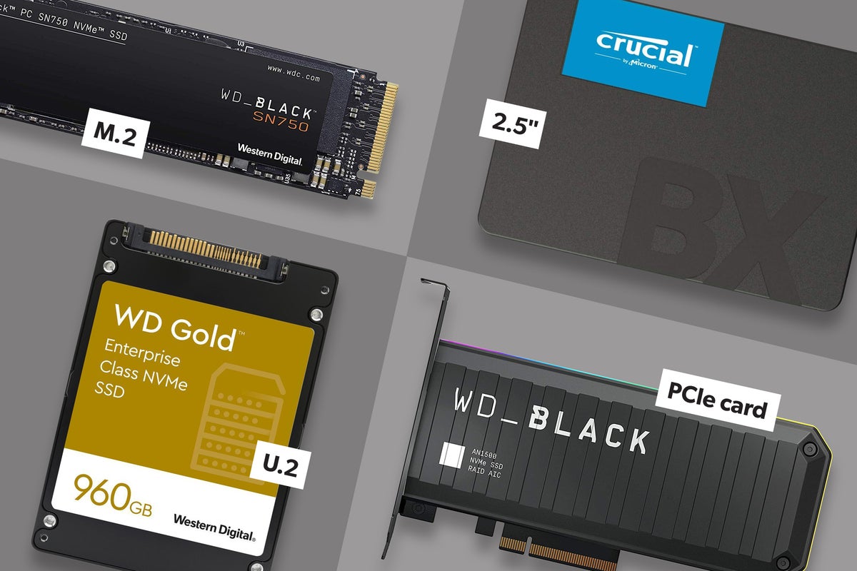 m.2, 2.5', U.2, and PCIe card ssd form factors shown