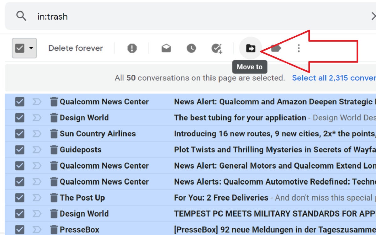 tøm gmail-e-posten flytt mappe