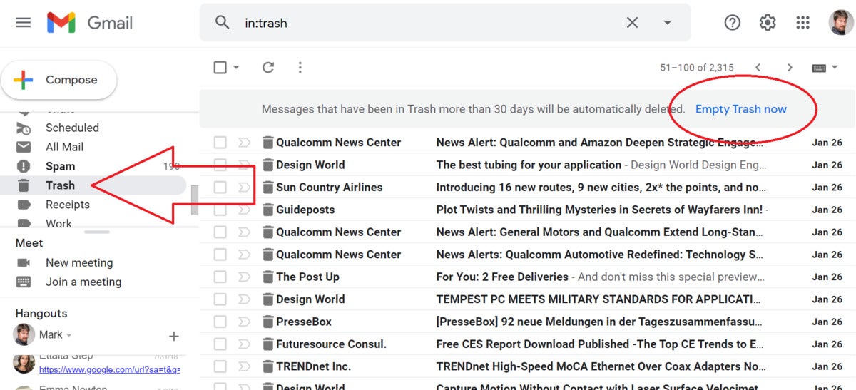 rensning af e—mail fra gmail trash edit