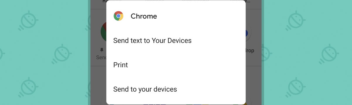 Chrome Android Sharing Settings: Send text (choices)