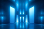 Empty corridor with a series of glowing doors [options/ alternatives/ opportunities/ future/ next]