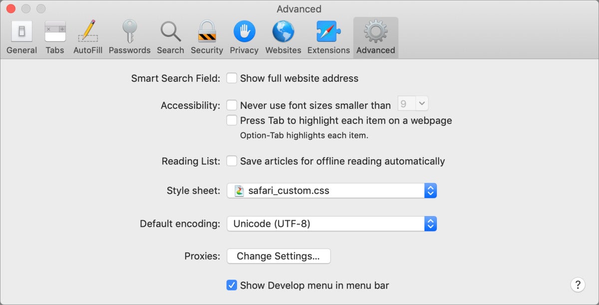 Переопределение таблицы стилей Safari в mac911