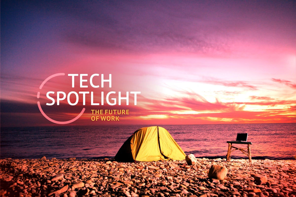 Tech Spotlight   >   The Future of Work [Computerworld]   >   Digital nomad's beach tent and laptop.