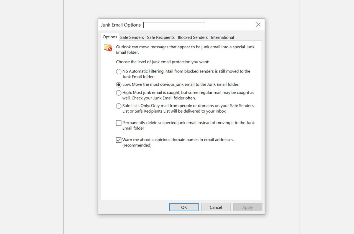 microsoft outlook desktop app junk email options edited