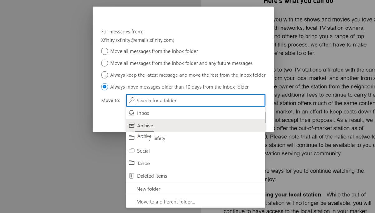 microsoft outlook web app move archive