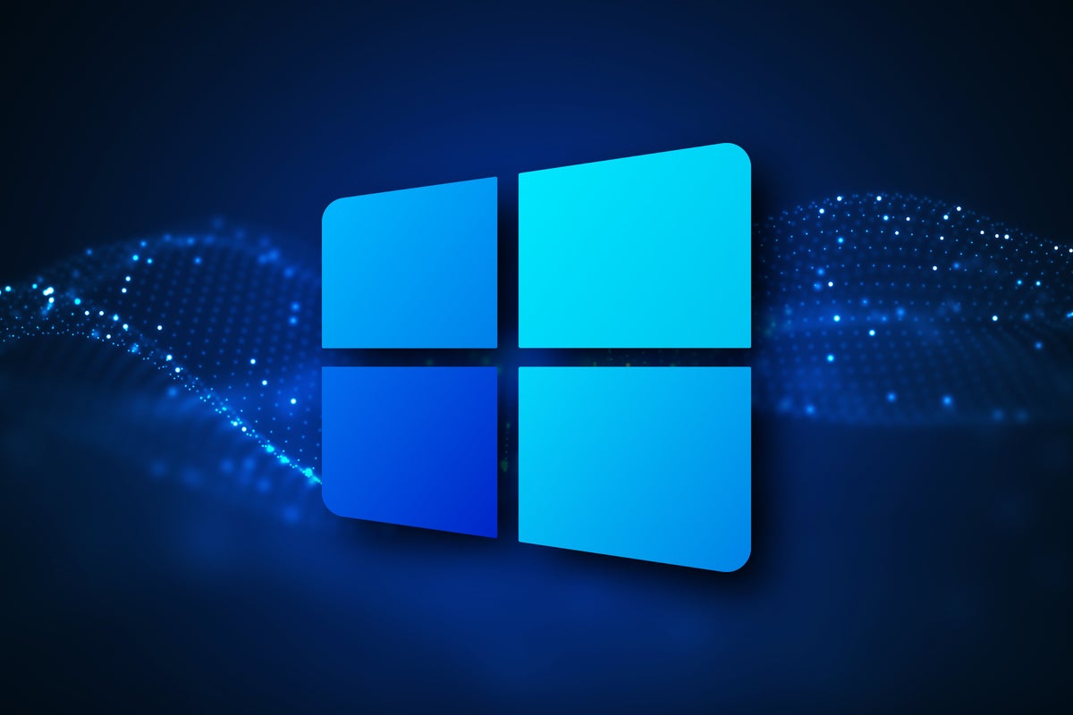 Microsoft Windows 10X logo, with an abstract wave of technology in the background.