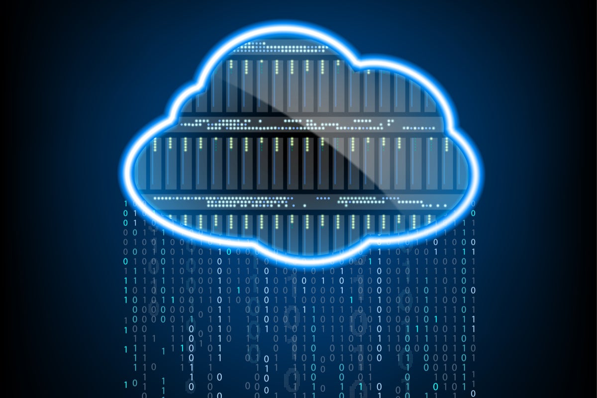  A glowing blue cloud icon with a binary code rain represents a cloud service data warehouse.