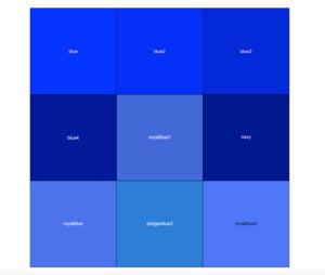 3 x 3 grid of shades of blue, with some labels white but one label black.