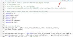 Screen shot showing Run App green triangle button within RStudio