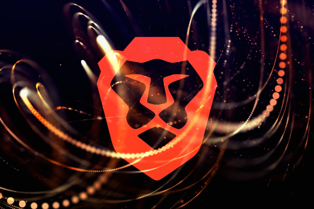 The Brave browser logo appears against an abstract background.