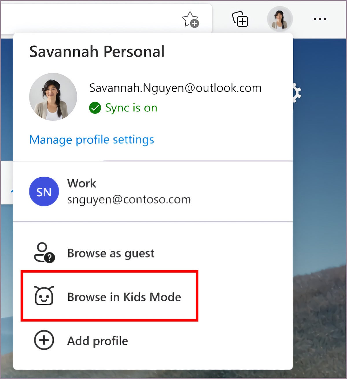 kids mode microsoft edge signon