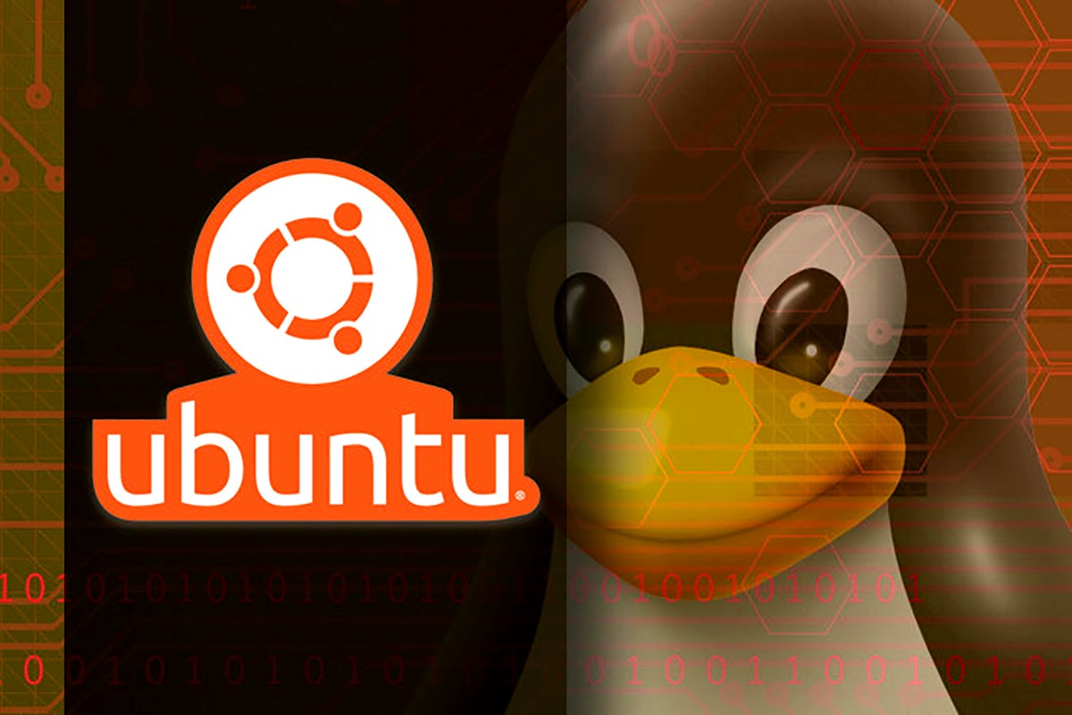 ubuntu logo layered against background of linux penguin and abstract circuits 1200x800