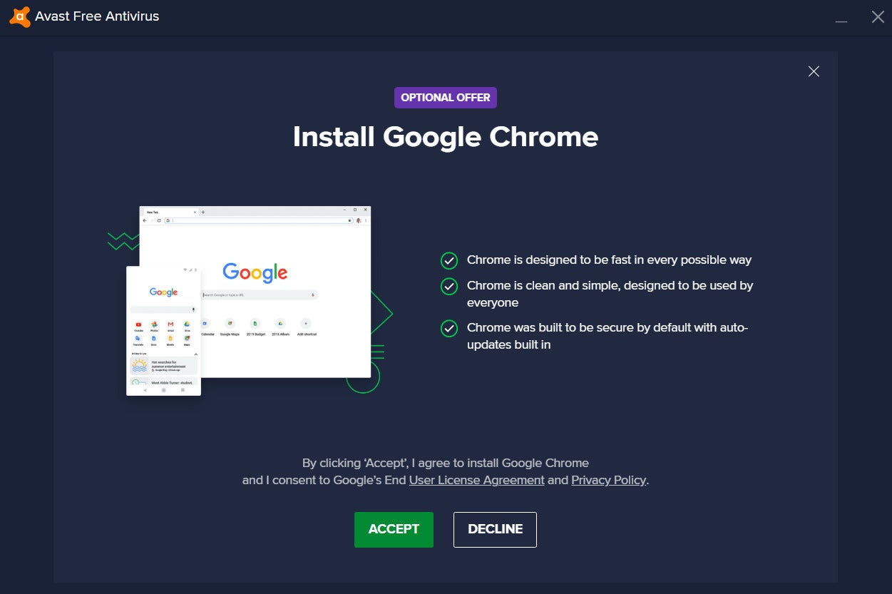 Avast Free Antivirus offers to install Google Chrome.