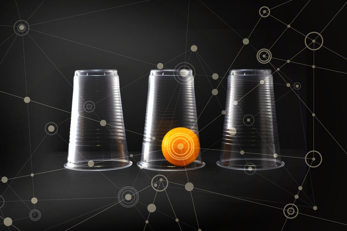 A cup game [shell game] with transparent cups and abstract network connections.